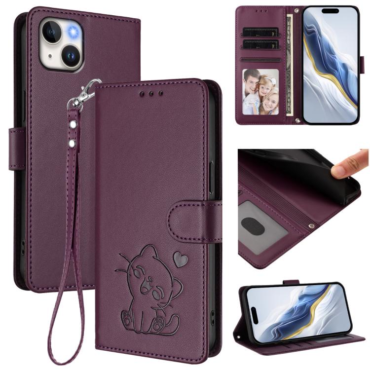 Ốp điện thoại da hình mèo trái tim nổi với dây đeo tay, Dành cho iPhone 15, Dành cho iPhone 14 Plus, Dành cho iPhone 14 / 13, Dành cho iPhone 14 Pro
