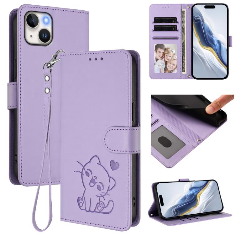 Ốp điện thoại da hình mèo trái tim nổi với dây đeo tay, Dành cho iPhone 15, Dành cho iPhone 14 Plus, Dành cho iPhone 14 / 13, Dành cho iPhone 14 Pro