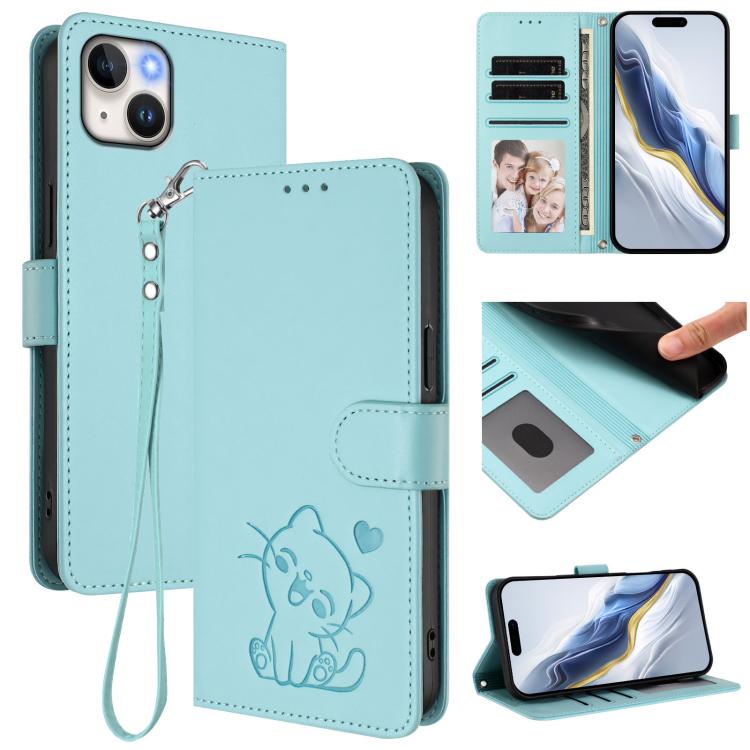Ốp điện thoại da hình mèo trái tim nổi với dây đeo tay, Dành cho iPhone 15, Dành cho iPhone 14 Plus, Dành cho iPhone 14 / 13, Dành cho iPhone 14 Pro