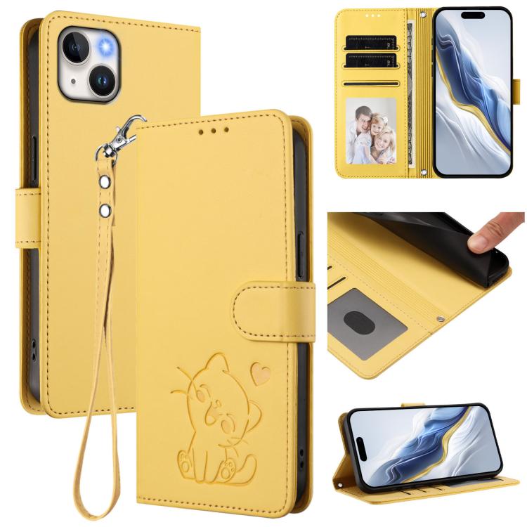 Ốp điện thoại da hình mèo trái tim nổi với dây đeo tay, Dành cho iPhone 15, Dành cho iPhone 14 Plus, Dành cho iPhone 14 / 13, Dành cho iPhone 14 Pro
