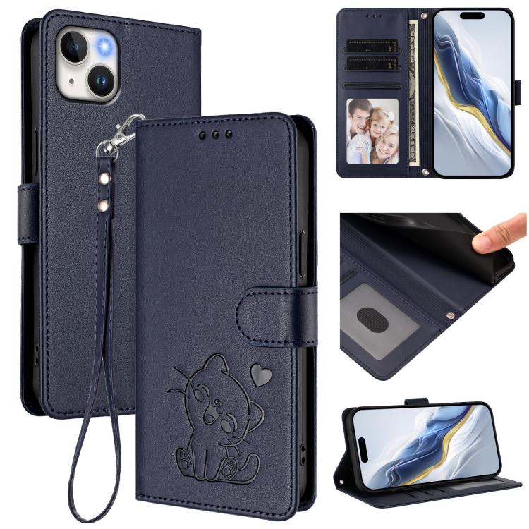 Ốp điện thoại da hình mèo trái tim nổi với dây đeo tay, Dành cho iPhone 15, Dành cho iPhone 14 Plus, Dành cho iPhone 14 / 13, Dành cho iPhone 14 Pro