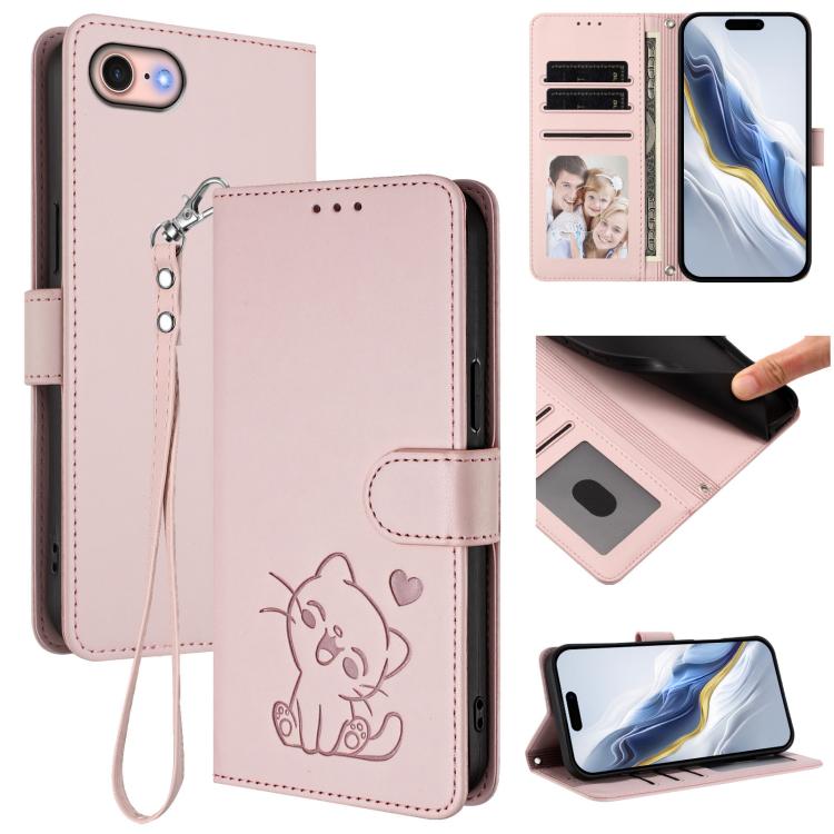 Ốp điện thoại da hình mèo trái tim nổi với dây đeo tay, Dành cho iPhone 14 Pro Max, Dành cho iPhone 7 / 8 / SE 2022, Dành cho iPhone 13 Pro Max, Dành cho iPhone 13 Pro