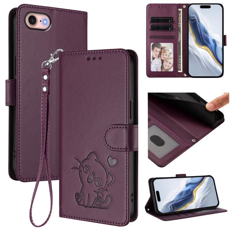 Ốp điện thoại da hình mèo trái tim nổi với dây đeo tay, Dành cho iPhone 14 Pro Max, Dành cho iPhone 7 / 8 / SE 2022, Dành cho iPhone 13 Pro Max, Dành cho iPhone 13 Pro