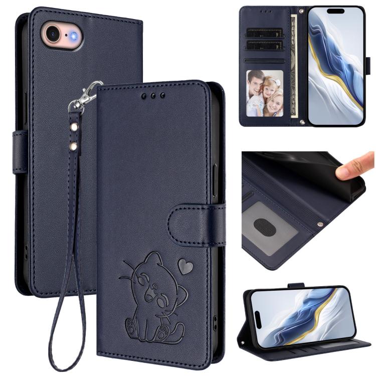 Ốp điện thoại da hình mèo trái tim nổi với dây đeo tay, Dành cho iPhone 14 Pro Max, Dành cho iPhone 7 / 8 / SE 2022, Dành cho iPhone 13 Pro Max, Dành cho iPhone 13 Pro