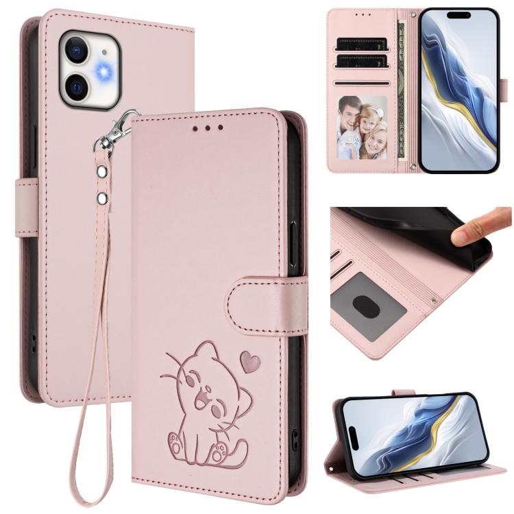 Ốp điện thoại da hình mèo trái tim nổi với dây đeo tay, Dành cho iPhone 13 mini, Dành cho iPhone 12 / 12 Pro, Dành cho iPhone 12 Pro Max, Dành cho iPhone 12 mini