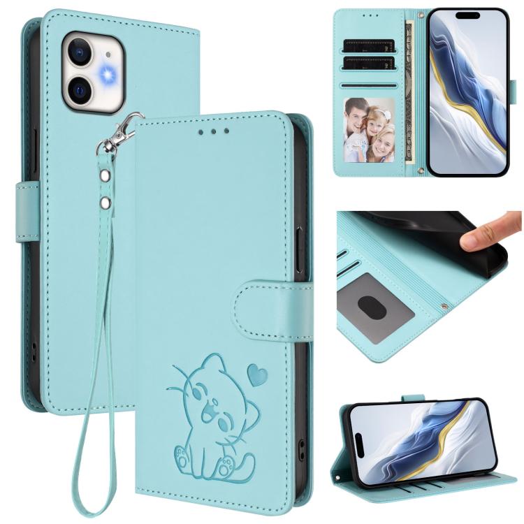 Ốp điện thoại da hình mèo trái tim nổi với dây đeo tay, Dành cho iPhone 13 mini, Dành cho iPhone 12 / 12 Pro, Dành cho iPhone 12 Pro Max, Dành cho iPhone 12 mini