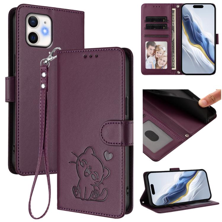 Ốp điện thoại da hình mèo trái tim nổi với dây đeo tay, Dành cho iPhone 13 mini, Dành cho iPhone 12 / 12 Pro, Dành cho iPhone 12 Pro Max, Dành cho iPhone 12 mini