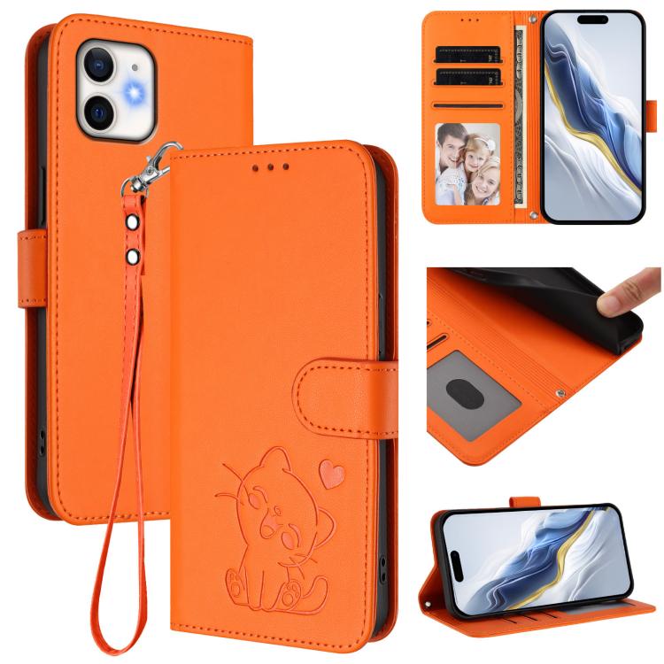 Ốp điện thoại da hình mèo trái tim nổi với dây đeo tay, Dành cho iPhone 13 mini, Dành cho iPhone 12 / 12 Pro, Dành cho iPhone 12 Pro Max, Dành cho iPhone 12 mini