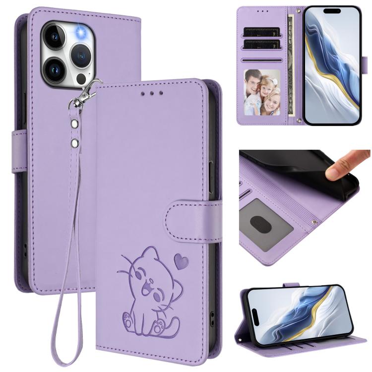 Ốp điện thoại da hình mèo trái tim nổi với dây đeo tay, Dành cho iPhone 15, Dành cho iPhone 14 Plus, Dành cho iPhone 14 / 13, Dành cho iPhone 14 Pro
