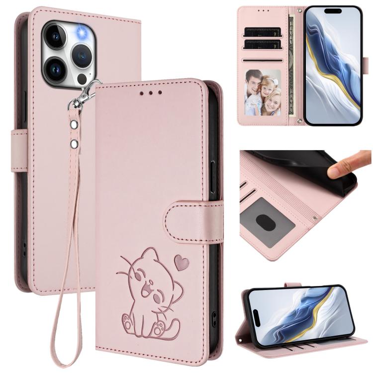 Embossed Heart Cat Leather Phone Case with Hand Strap, For iPhone 14 Pro Max, For iPhone 7 / 8 / SE 2022, For iPhone 13 Pro Max, For iPhone 13 Pro