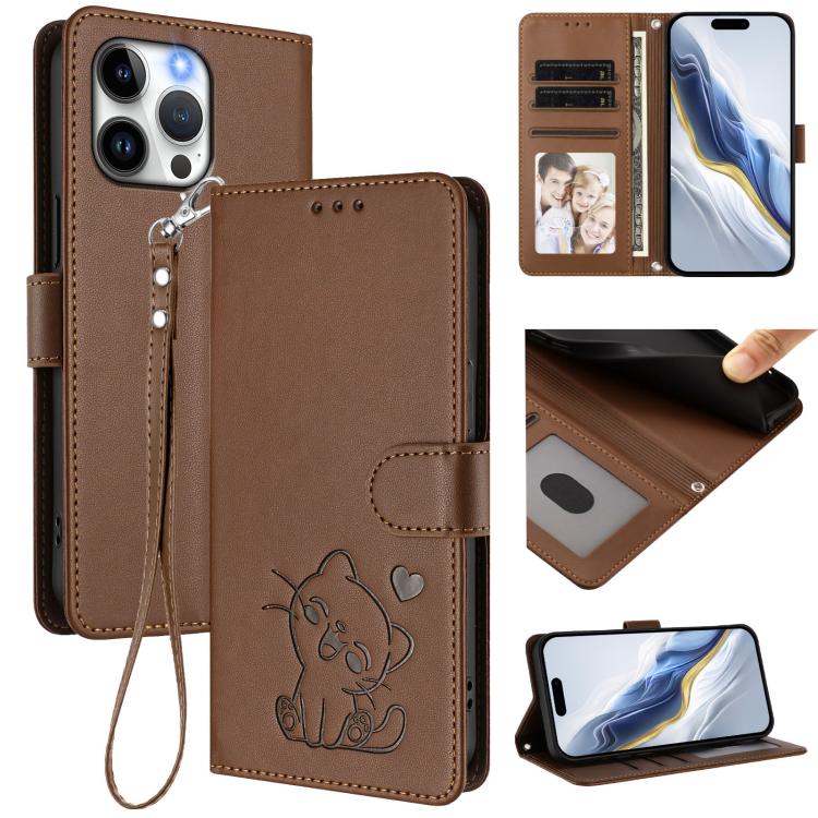 Ốp điện thoại da hình mèo trái tim nổi với dây đeo tay, Dành cho iPhone 14 Pro Max, Dành cho iPhone 7 / 8 / SE 2022, Dành cho iPhone 13 Pro Max, Dành cho iPhone 13 Pro