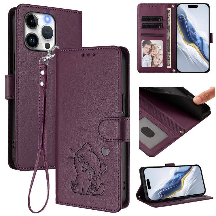Ốp điện thoại da hình mèo trái tim nổi với dây đeo tay, Dành cho iPhone 14 Pro Max, Dành cho iPhone 7 / 8 / SE 2022, Dành cho iPhone 13 Pro Max, Dành cho iPhone 13 Pro