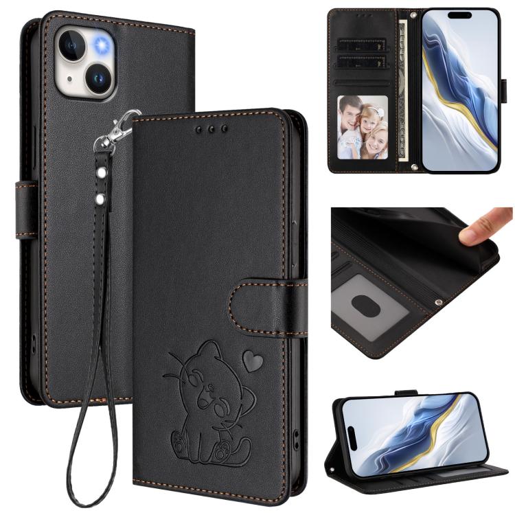 Ốp điện thoại da hình mèo trái tim nổi với dây đeo tay, Dành cho iPhone 13 mini, Dành cho iPhone 12 / 12 Pro, Dành cho iPhone 12 Pro Max, Dành cho iPhone 12 mini