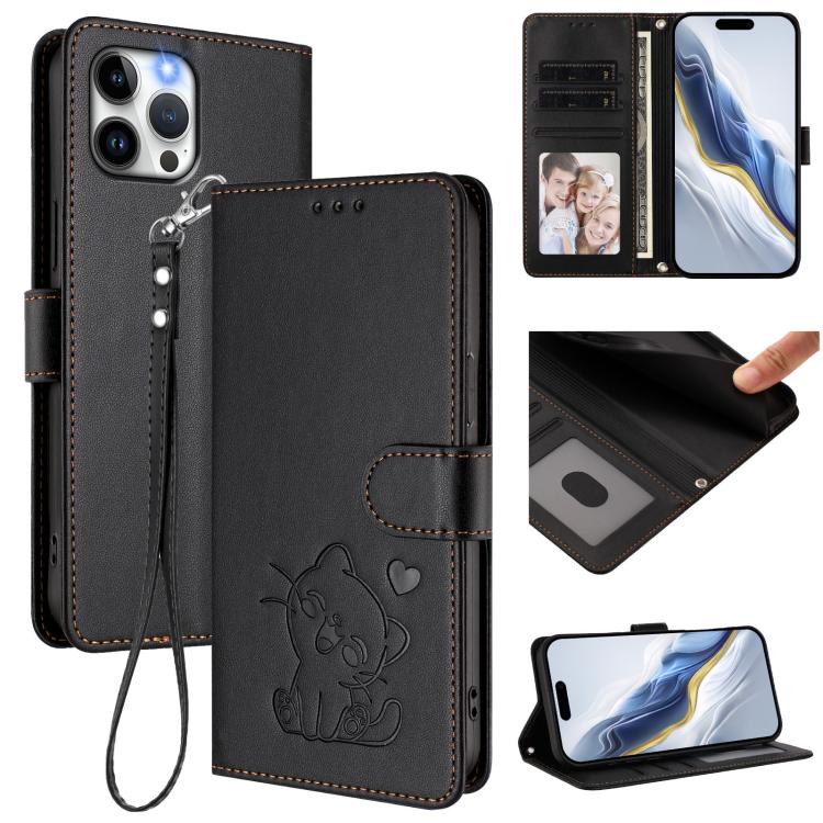 Ốp điện thoại da hình mèo trái tim nổi với dây đeo tay, Dành cho iPhone 13 mini, Dành cho iPhone 12 / 12 Pro, Dành cho iPhone 12 Pro Max, Dành cho iPhone 12 mini