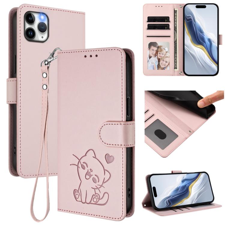 Ốp điện thoại da hình mèo trái tim nổi kèm dây đeo tay, dành cho iPhone 11 Pro Max, iPhone 11, iPhone 11 Pro, iPhone X / XS