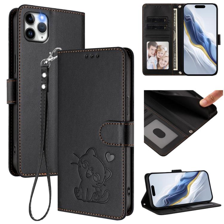 Ốp điện thoại da hình mèo trái tim nổi kèm dây đeo tay, dành cho iPhone 11 Pro Max, iPhone 11, iPhone 11 Pro, iPhone X / XS
