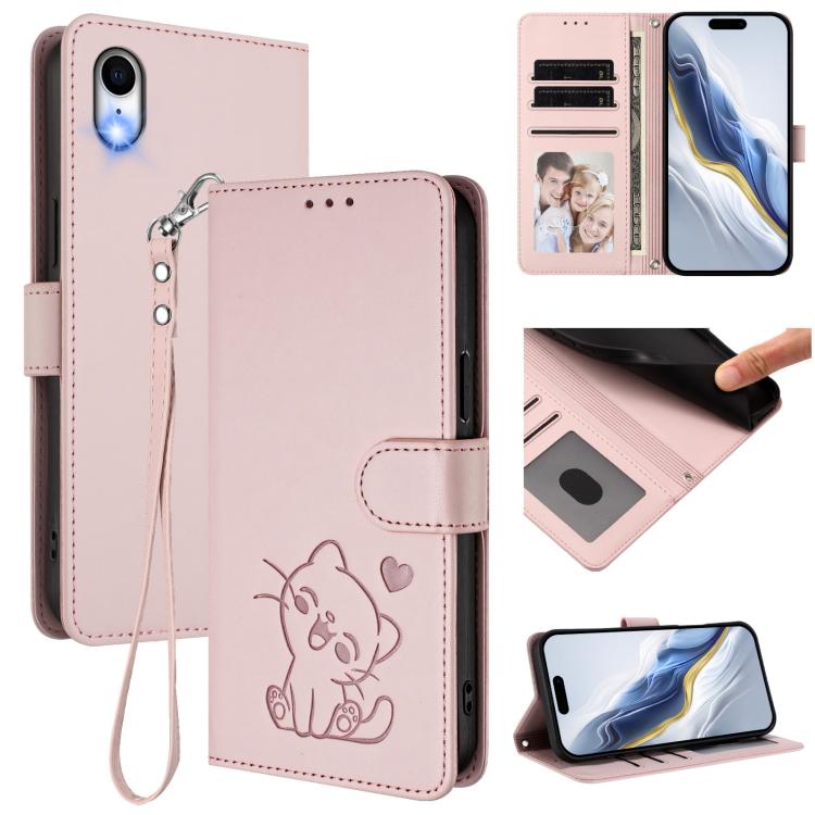 Ốp điện thoại da hình mèo trái tim nổi kèm dây đeo tay, dành cho iPhone XR, iPhone XS Max, iPhone 7 Plus / 8 Plus