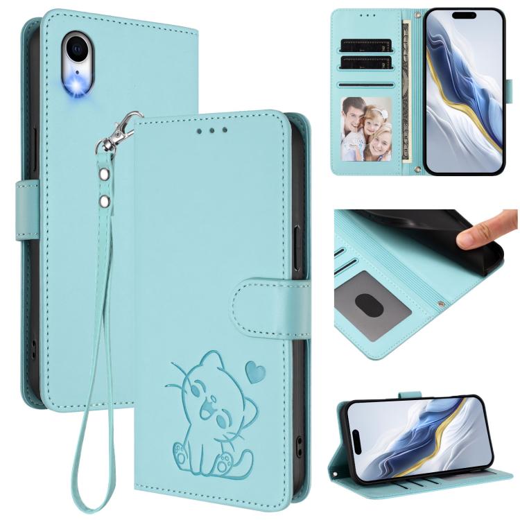Ốp điện thoại da hình mèo trái tim nổi kèm dây đeo tay, dành cho iPhone XR, iPhone XS Max, iPhone 7 Plus / 8 Plus