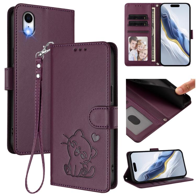 Ốp điện thoại da hình mèo trái tim nổi kèm dây đeo tay, dành cho iPhone XR, iPhone XS Max, iPhone 7 Plus / 8 Plus