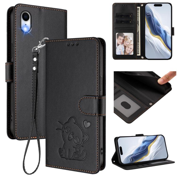 Ốp điện thoại da hình mèo trái tim nổi kèm dây đeo tay, dành cho iPhone XR, iPhone XS Max, iPhone 7 Plus / 8 Plus
