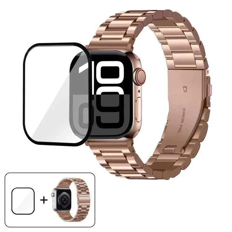 Dây đồng hồ thép không gỉ ba hạt với phim cong 3D, Dành cho Apple Watch Series 10 46mm, Dành cho Apple Watch Series 10 42mm, Dành cho Apple Watch Series 44mm, Dành cho Apple Watch Series 40mm