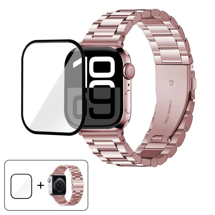 Dây đồng hồ thép không gỉ ba hạt với phim cong 3D, Dành cho Apple Watch Series 10 46mm, Dành cho Apple Watch Series 10 42mm, Dành cho Apple Watch Series 44mm, Dành cho Apple Watch Series 40mm