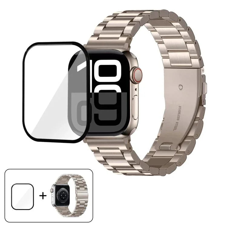 Dây đồng hồ thép không gỉ ba hạt với phim cong 3D, Dành cho Apple Watch Series 10 46mm, Dành cho Apple Watch Series 10 42mm, Dành cho Apple Watch Series 44mm, Dành cho Apple Watch Series 40mm