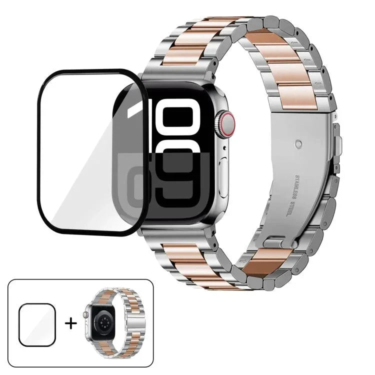 Dây đồng hồ thép không gỉ ba hạt với phim cong 3D, Dành cho Apple Watch Series 10 46mm, Dành cho Apple Watch Series 10 42mm, Dành cho Apple Watch Series 44mm, Dành cho Apple Watch Series 40mm
