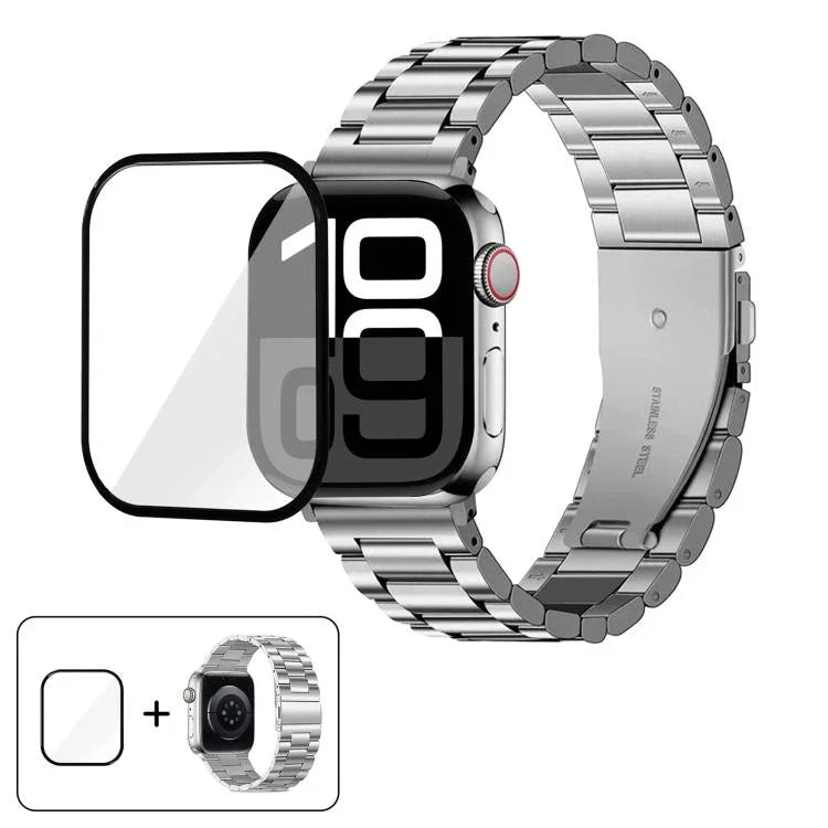 Dây đồng hồ thép không gỉ ba hạt với phim cong 3D, Dành cho Apple Watch Series 10 46mm, Dành cho Apple Watch Series 10 42mm, Dành cho Apple Watch Series 44mm, Dành cho Apple Watch Series 40mm