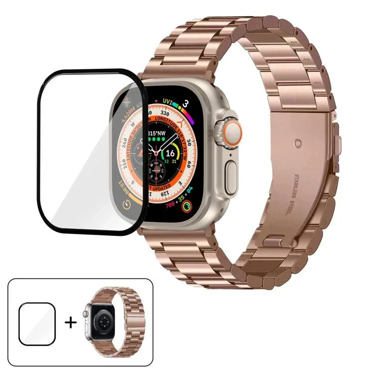 Dây đồng hồ thép không gỉ ba hạt với phim cong 3D, Dành cho Apple Watch Ultra 2 / 1 49mm, Dành cho Apple Watch Series 45mm, Dành cho Apple Watch Series 41mm, Dành cho Apple Watch Series 38mm