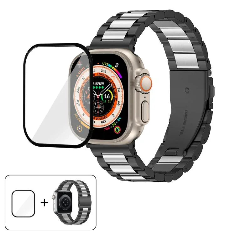 Dây đồng hồ thép không gỉ ba hạt với phim cong 3D, Dành cho Apple Watch Ultra 2 / 1 49mm, Dành cho Apple Watch Series 45mm, Dành cho Apple Watch Series 41mm, Dành cho Apple Watch Series 38mm