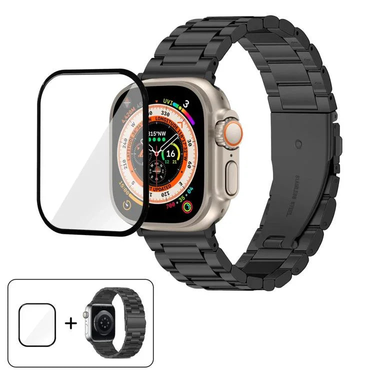 Dây đồng hồ thép không gỉ ba hạt với phim cong 3D, Dành cho Apple Watch Ultra 2 / 1 49mm, Dành cho Apple Watch Series 45mm, Dành cho Apple Watch Series 41mm, Dành cho Apple Watch Series 38mm