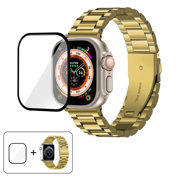 Dây đồng hồ thép không gỉ ba hạt với phim cong 3D, Dành cho Apple Watch Ultra 2 / 1 49mm, Dành cho Apple Watch Series 45mm, Dành cho Apple Watch Series 41mm, Dành cho Apple Watch Series 38mm