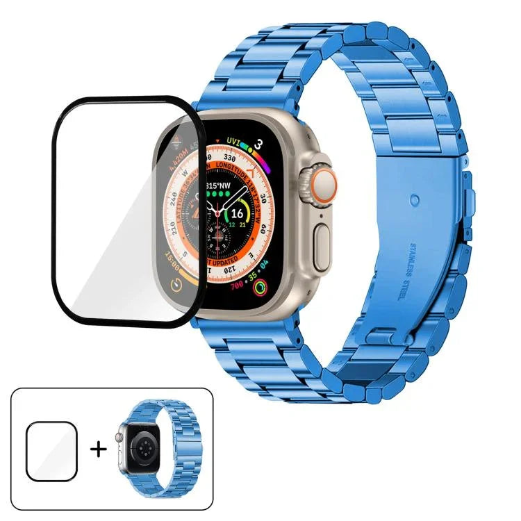 Dây đồng hồ thép không gỉ ba hạt với phim cong 3D, Dành cho Apple Watch Ultra 2 / 1 49mm, Dành cho Apple Watch Series 45mm, Dành cho Apple Watch Series 41mm, Dành cho Apple Watch Series 38mm