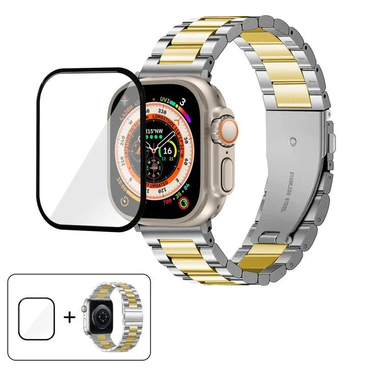 Dây đồng hồ thép không gỉ ba hạt với phim cong 3D, Dành cho Apple Watch Ultra 2 / 1 49mm, Dành cho Apple Watch Series 45mm, Dành cho Apple Watch Series 41mm, Dành cho Apple Watch Series 38mm