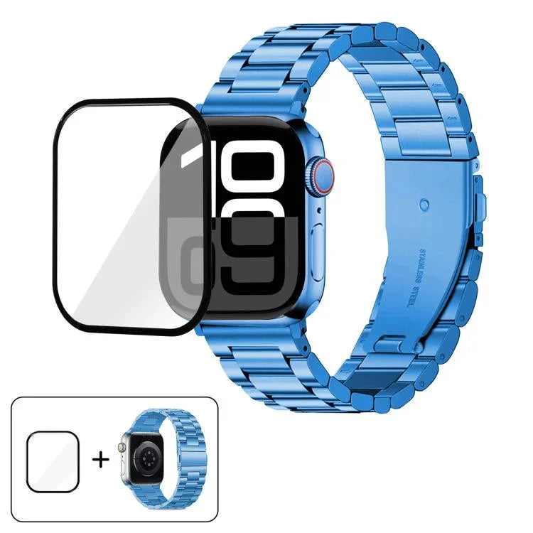 Dây đồng hồ thép không gỉ ba hạt với phim cong 3D, Dành cho Apple Watch Ultra 2 / 1 49mm, Dành cho Apple Watch Series 45mm, Dành cho Apple Watch Series 41mm, Dành cho Apple Watch Series 38mm