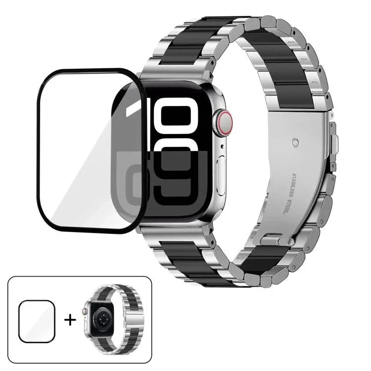 Dây đồng hồ thép không gỉ ba hạt với phim cong 3D, Dành cho Apple Watch Ultra 2 / 1 49mm, Dành cho Apple Watch Series 45mm, Dành cho Apple Watch Series 41mm, Dành cho Apple Watch Series 38mm