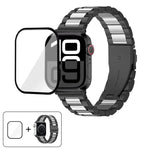 Dây đồng hồ thép không gỉ ba hạt với phim cong 3D, Dành cho Apple Watch Ultra 2 / 1 49mm, Dành cho Apple Watch Series 45mm, Dành cho Apple Watch Series 41mm, Dành cho Apple Watch Series 38mm