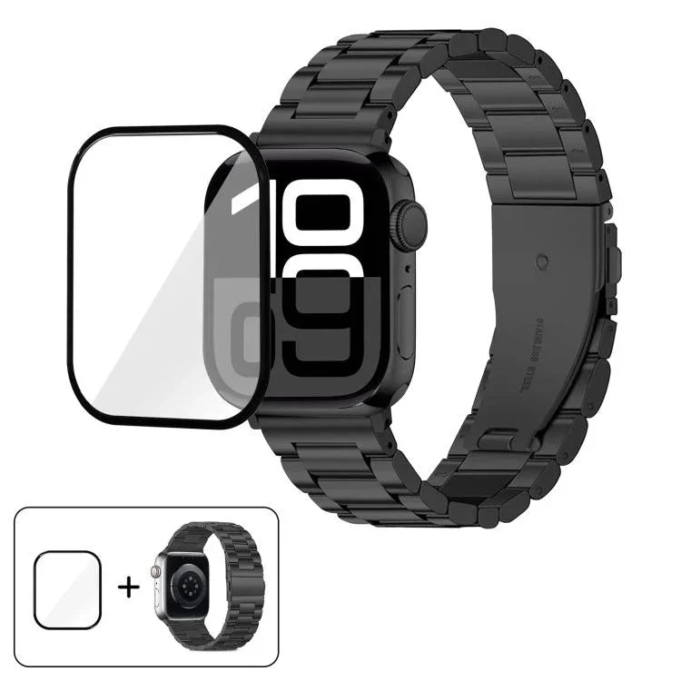 Dây đồng hồ thép không gỉ ba hạt với phim cong 3D, Dành cho Apple Watch Ultra 2 / 1 49mm, Dành cho Apple Watch Series 45mm, Dành cho Apple Watch Series 41mm, Dành cho Apple Watch Series 38mm