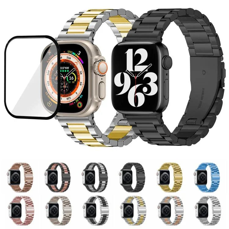 Dây đồng hồ thép không gỉ ba hạt với phim cong 3D, Dành cho Apple Watch Ultra 2 / 1 49mm, Dành cho Apple Watch Series 45mm, Dành cho Apple Watch Series 41mm, Dành cho Apple Watch Series 38mm