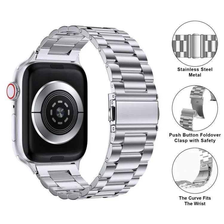 Dây đồng hồ thép không gỉ ba hạt với phim cong 3D, Dành cho Apple Watch Series 10 46mm, Dành cho Apple Watch Series 10 42mm, Dành cho Apple Watch Series 44mm, Dành cho Apple Watch Series 40mm