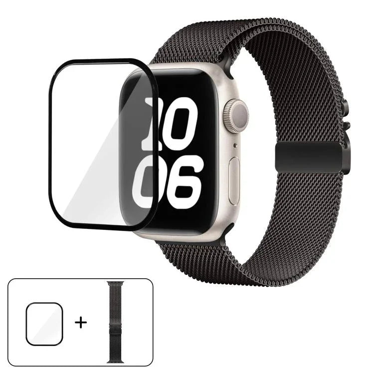 Dây đồng hồ thép không gỉ Milanese khóa dù với phim cong 3D, Dành cho Apple Watch Series 10 46mm, Dành cho Apple Watch Series 10 42mm, Dành cho Apple Watch Series 44mm, Dành cho Apple Watch Series 40mm, Dành cho Apple Watch Ultra 2 / 1 49mm