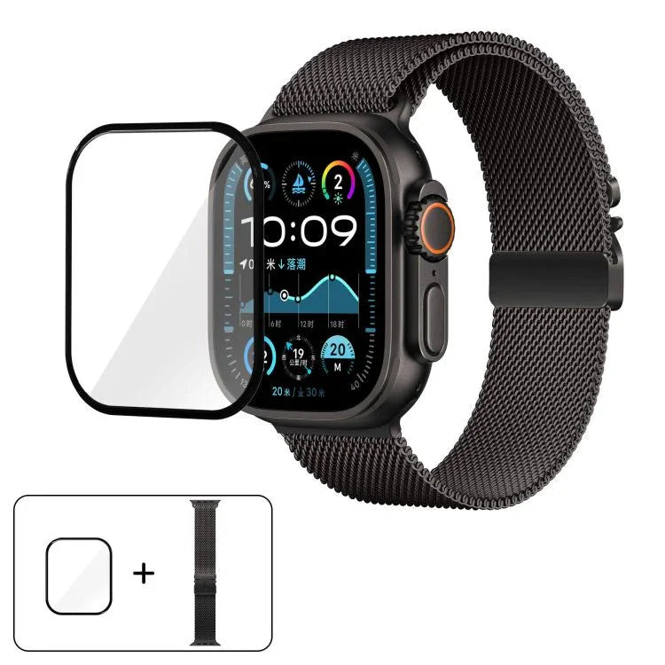 Dây đồng hồ thép không gỉ Milanese khóa dù với phim cong 3D, Dành cho Apple Watch Series 10 46mm, Dành cho Apple Watch Series 10 42mm, Dành cho Apple Watch Series 44mm, Dành cho Apple Watch Series 40mm, Dành cho Apple Watch Ultra 2 / 1 49mm