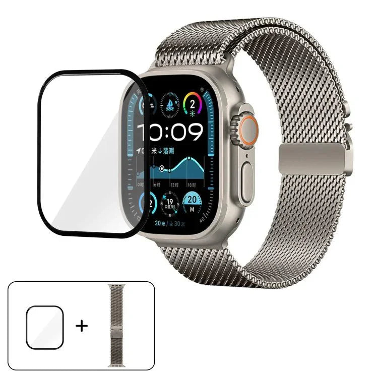 Dây đồng hồ thép không gỉ Milanese khóa dù với phim cong 3D, Dành cho Apple Watch Series 10 46mm, Dành cho Apple Watch Series 10 42mm, Dành cho Apple Watch Series 44mm, Dành cho Apple Watch Series 40mm, Dành cho Apple Watch Ultra 2 / 1 49mm