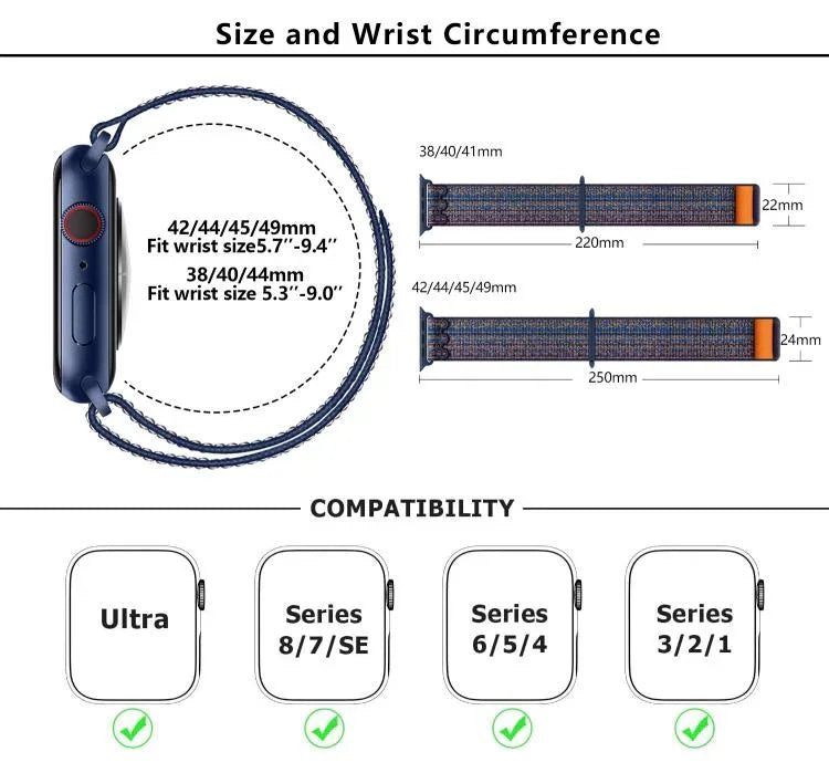 Dây đồng hồ vòng nylon với phim cong 3D, Dành cho Apple Watch Series 41mm, Dành cho Apple Watch Series 38mm, Dành cho Apple Watch Series 42mm