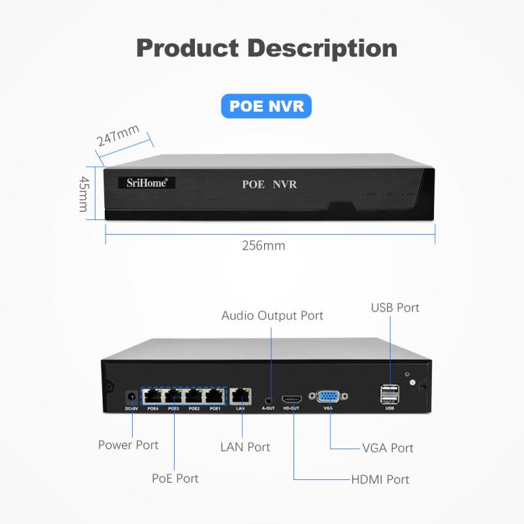 Bộ đầu ghi video mạng camera POE 4 kênh HD 3MP SriHome NVS005-POE030, 3MP 4 kênh