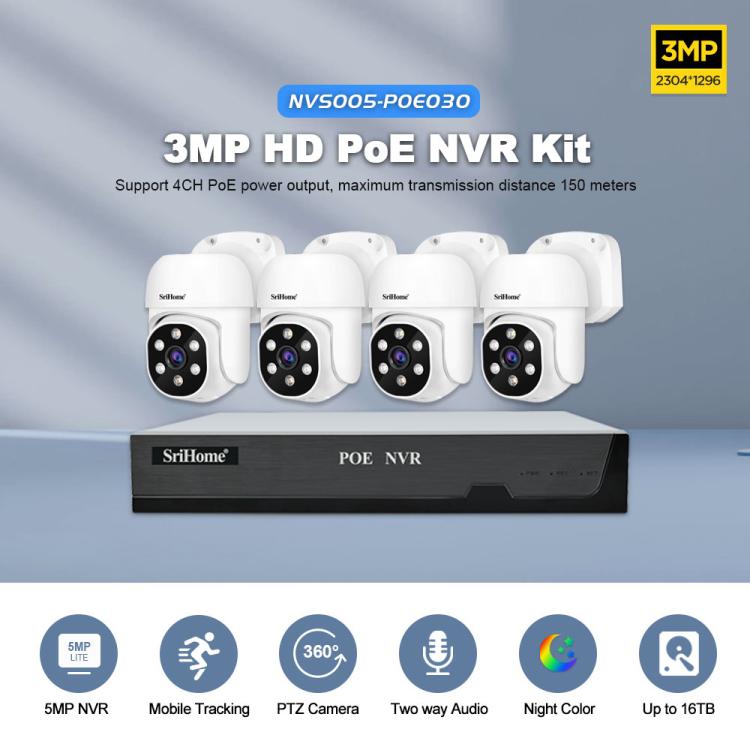Bộ đầu ghi video mạng camera POE 4 kênh HD 3MP SriHome NVS005-POE030, 3MP 4 kênh