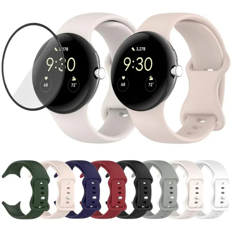 Dây đồng hồ silicone khóa bướm với phim cong 3D, Dành cho Google Pixel Watch 3 45mm, Dành cho Google Pixel Watch 3 41mm, Dành cho Google Pixel Watch 2, Dành cho Google Pixel Watch