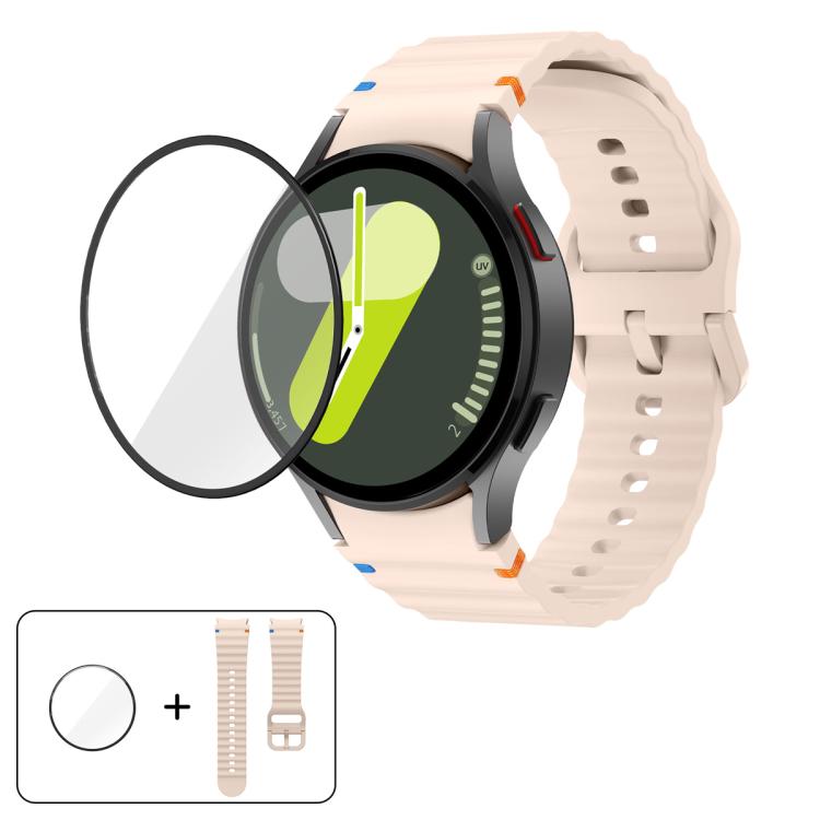 Dây đồng hồ silicone may sóng với phim cong 3D, dành cho Samsung Galaxy Watch FE 40mm, dành cho Samsung Galaxy Watch7 44mm, dành cho Samsung Galaxy Watch7 40mm, dành cho Samsung Galaxy Watch6 Classic 47mm