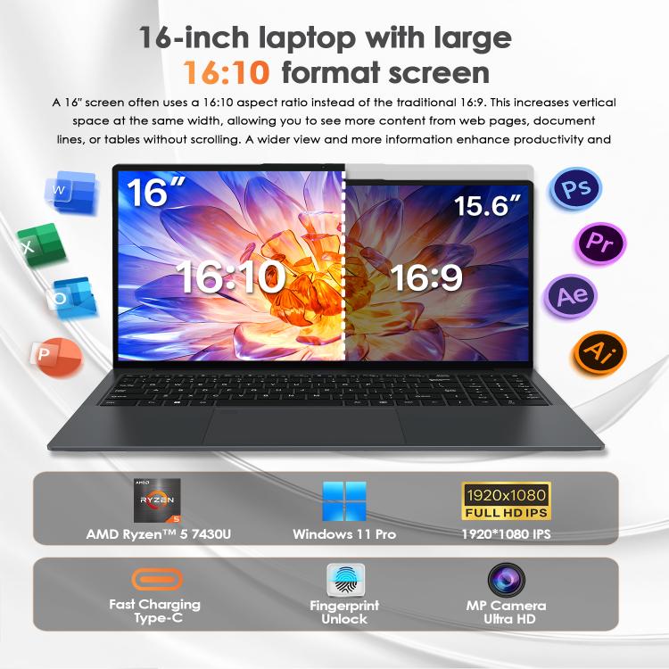 GXMO T160 Laptop 16 inch Windows 11, 16GB+512GB, Bộ xử lý AMD Ryzen 5 7430U Hexa Core, Phích cắm EU, Phích cắm US, Phích cắm UK, Phích cắm AU